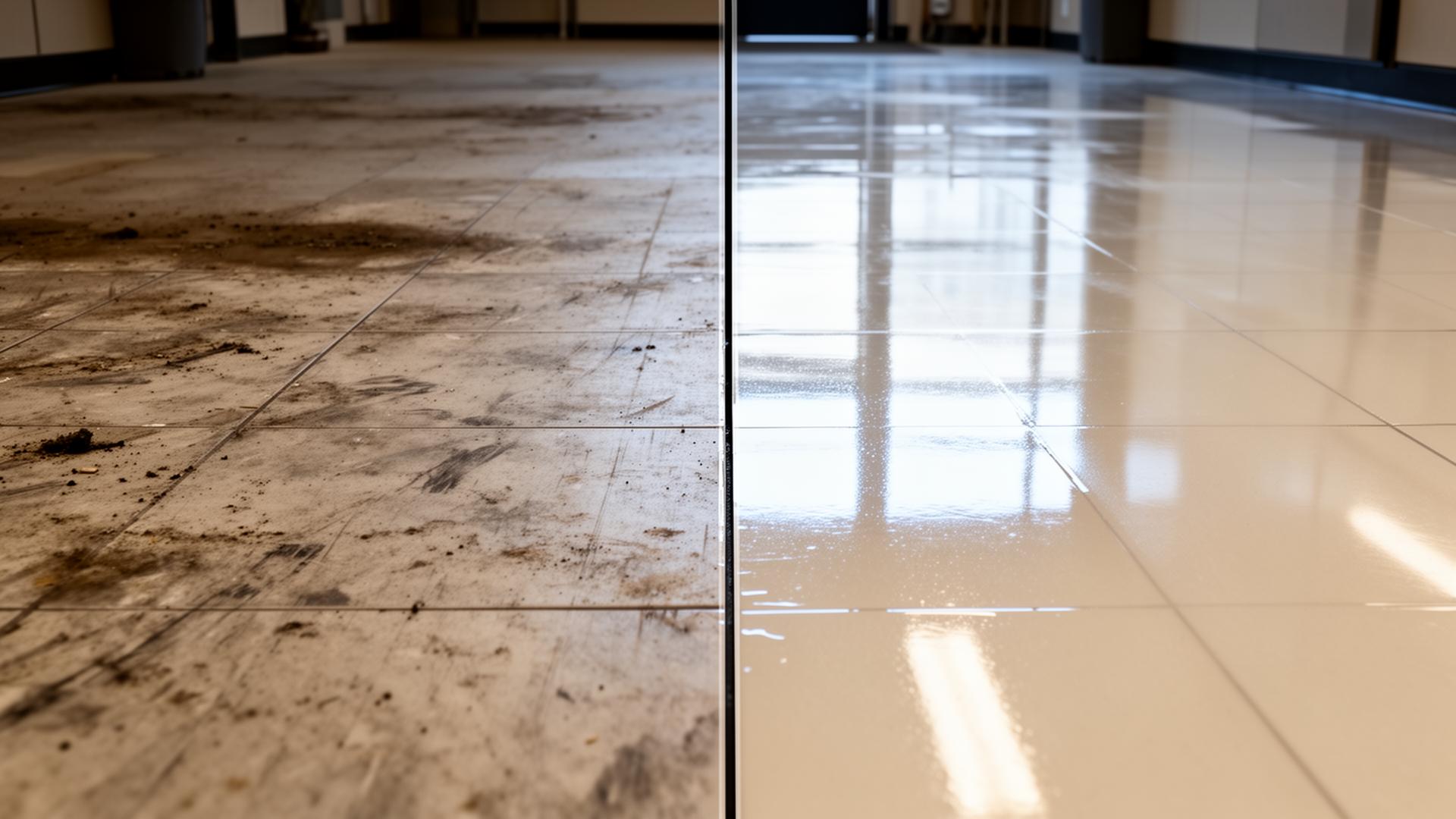 Commercial floor before and after strip and wax